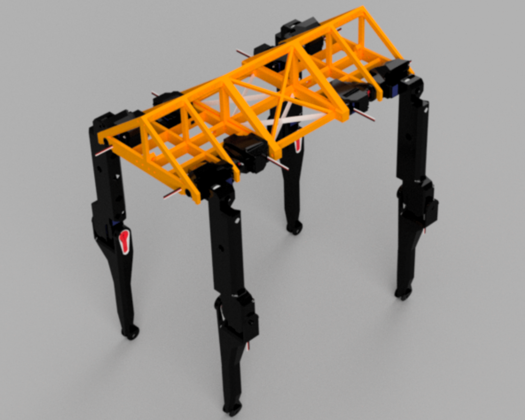 3D render of robot dog limbs, frame, and servos